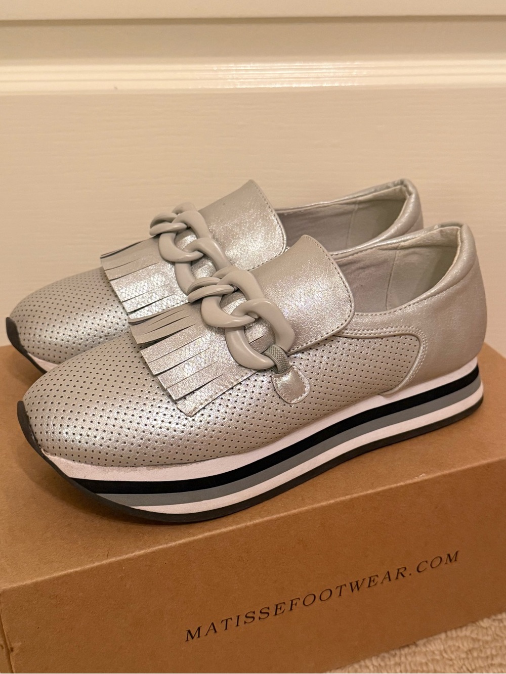 COCONUTS BY MATISSE: Silver Perforated Slip-On Sneakers with Fringe. Size: 6 - Picture 2 of 4